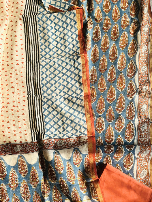 KALAMKARI BIG LEAF CHANDERI UNSTITCHED SUIT SET- BLUE