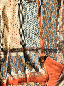 KALAMKARI BIG LEAF CHANDERI UNSTITCHED SUIT SET- BLUE