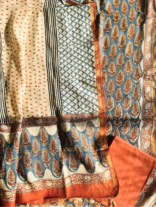 KALAMKARI BIG LEAF CHANDERI UNSTITCHED SUIT SET- BLUE