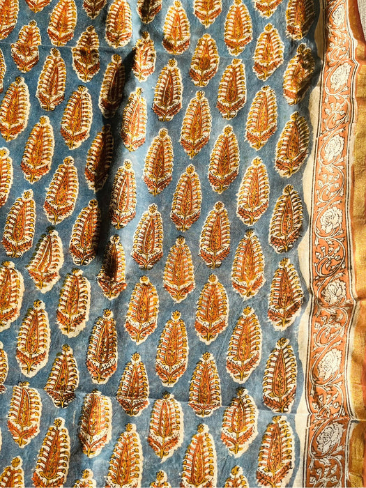 KALAMKARI BIG LEAF CHANDERI UNSTITCHED SUIT SET- BLUE