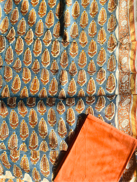 KALAMKARI BIG LEAF CHANDERI UNSTITCHED SUIT SET- BLUE