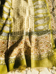 KALAMKARI JAAL CHANDERI UNSTITCHED SUIT SET- MEHENDI