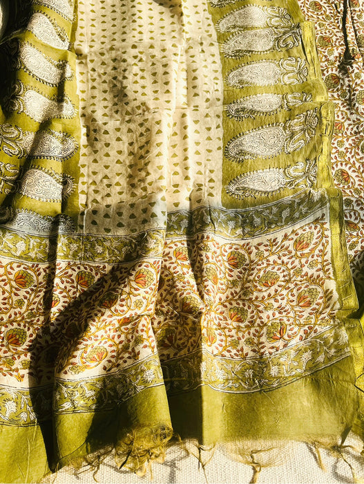 KALAMKARI JAAL CHANDERI UNSTITCHED SUIT SET- MEHENDI