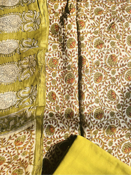 KALAMKARI JAAL CHANDERI UNSTITCHED SUIT SET- MEHENDI