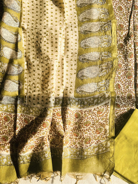 KALAMKARI JAAL CHANDERI UNSTITCHED SUIT SET- MEHENDI