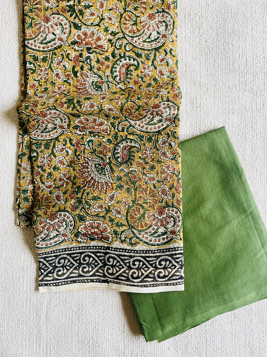 JAMAWAR HAND-BLOCK PRINTED KOTA UNSTITCHED SUIT- MUSTARD