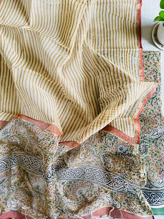 JAMAWAR HAND-BLOCK PRINTED KOTA UNSTITCHED SUIT- MUSTARD