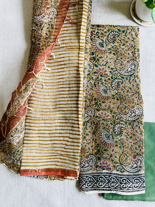 JAMAWAR HAND-BLOCK PRINTED KOTA UNSTITCHED SUIT- MUSTARD