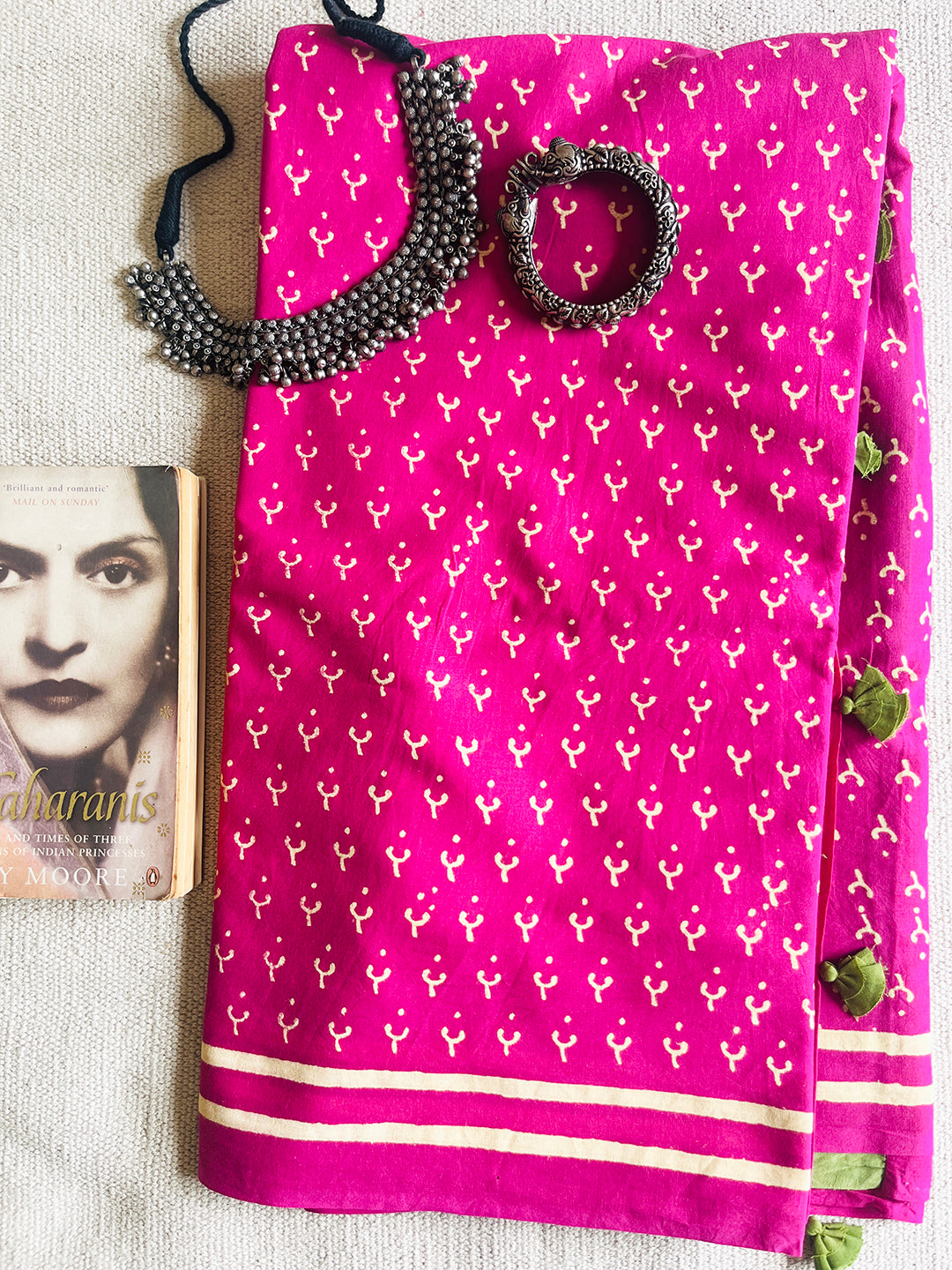 "THE MAGIC IS IN YOU"-BLOCK PRINTED COTTON MULMUL SAREE (MAGENTA)