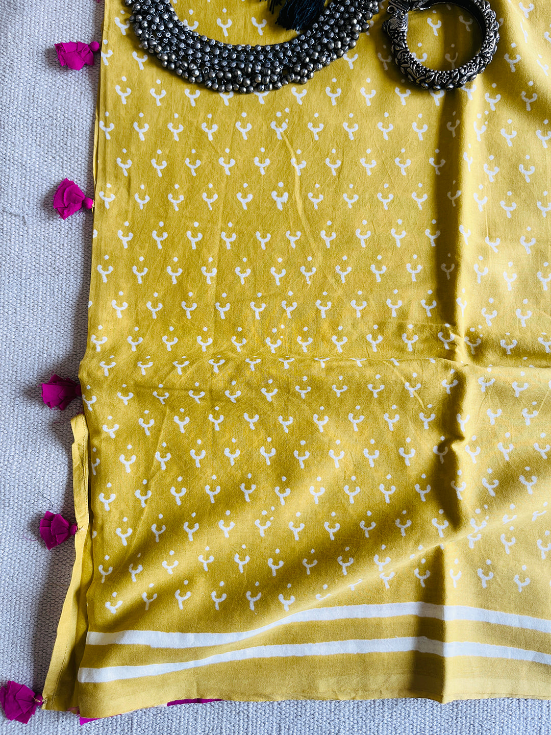 "THE MAGIC IS IN YOU"-BLOCK PRINTED COTTON MULMUL SAREE (YELLOW)