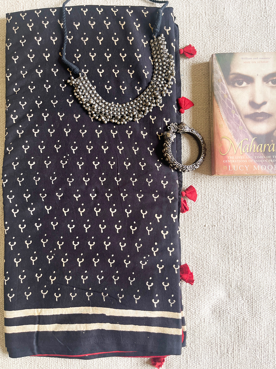 "THE MAGIC IS IN YOU"-BLOCK PRINTED COTTON MULMUL SAREE (BLACK)
