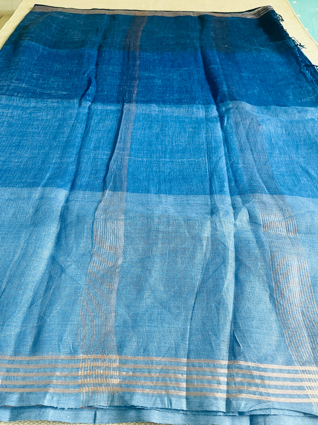 HANDWOVEN OMBRE LINEN SAREE- BLUE SKY