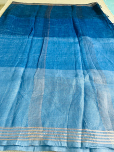 HANDWOVEN OMBRE LINEN SAREE- BLUE SKY