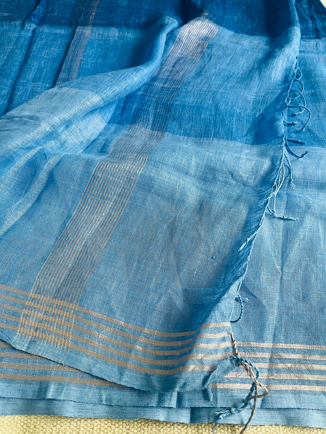 HANDWOVEN OMBRE LINEN SAREE- BLUE SKY