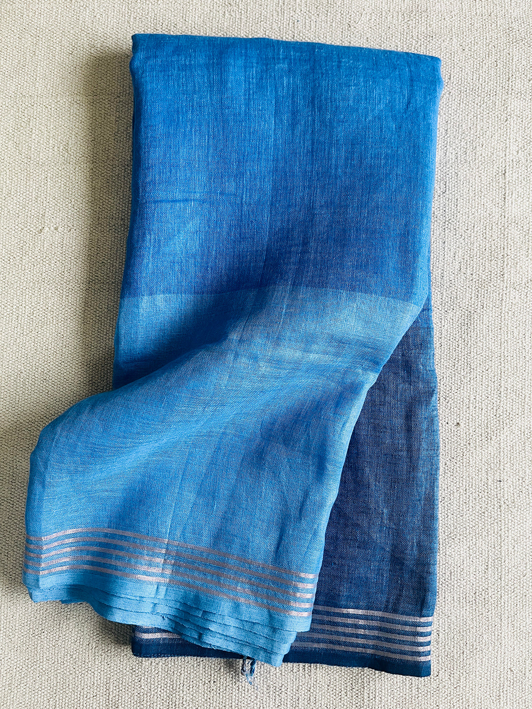 HANDWOVEN OMBRE LINEN SAREE- BLUE SKY