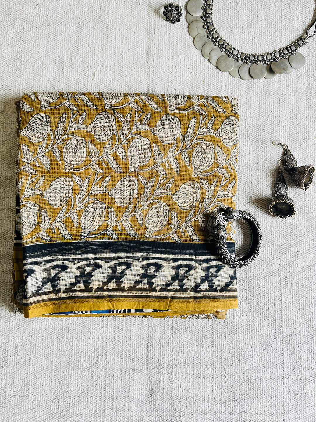 "SOOTHING YELLOW KALAMKARI" KOTA DORIA HAND-BLOCK PRINTED SAREE