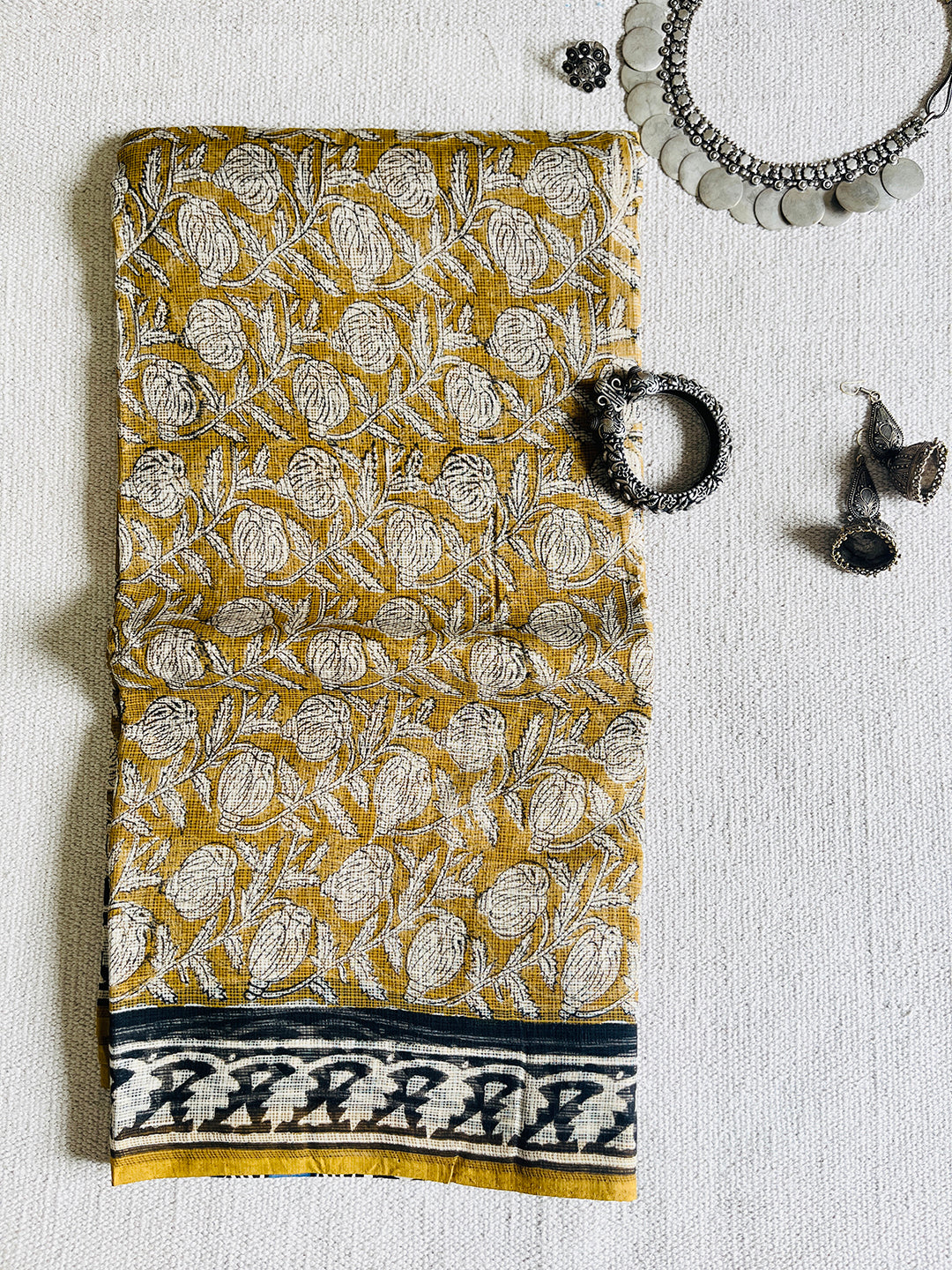 "SOOTHING YELLOW KALAMKARI" KOTA DORIA HAND-BLOCK PRINTED SAREE