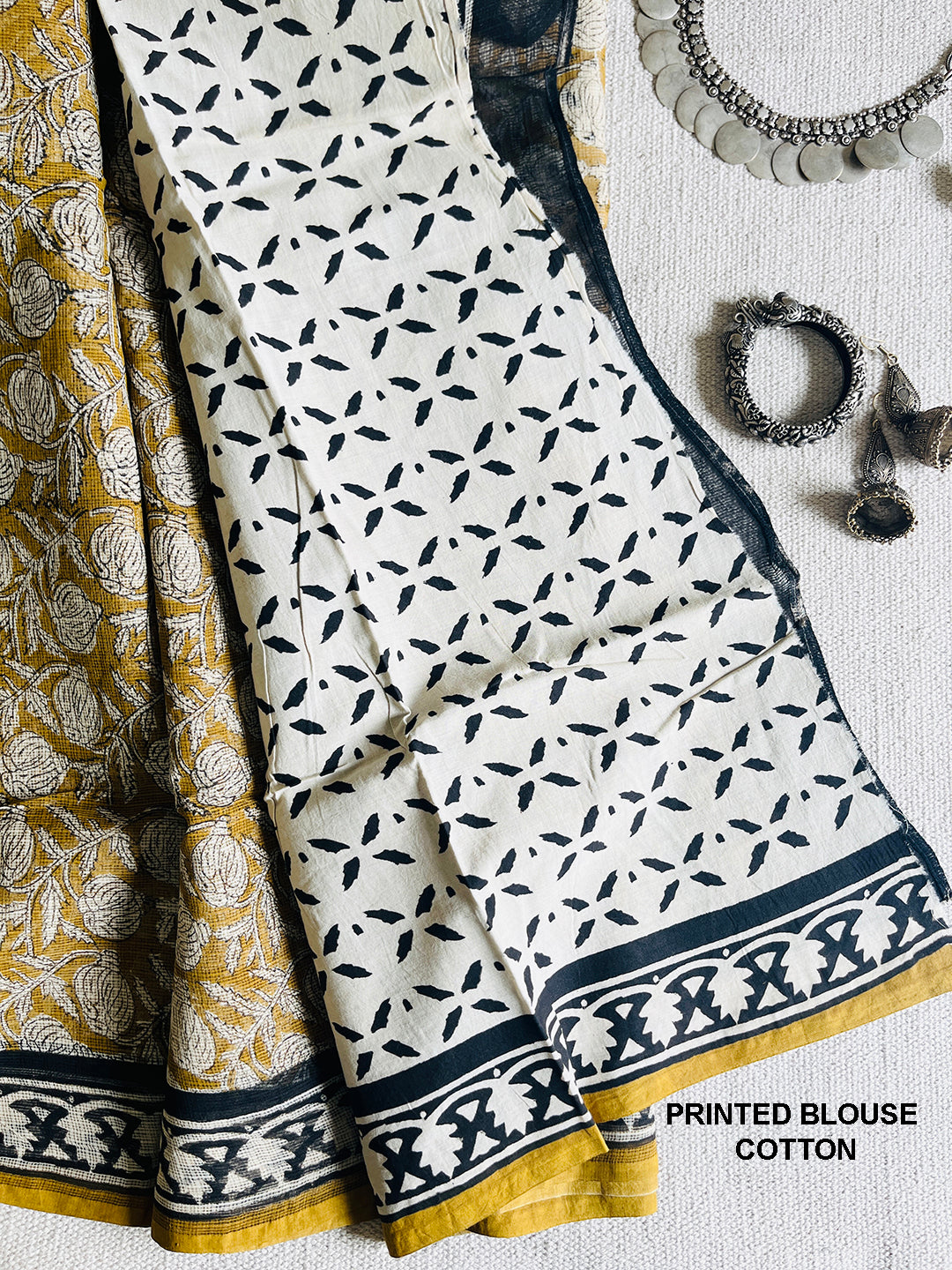 "SOOTHING YELLOW KALAMKARI" KOTA DORIA HAND-BLOCK PRINTED SAREE