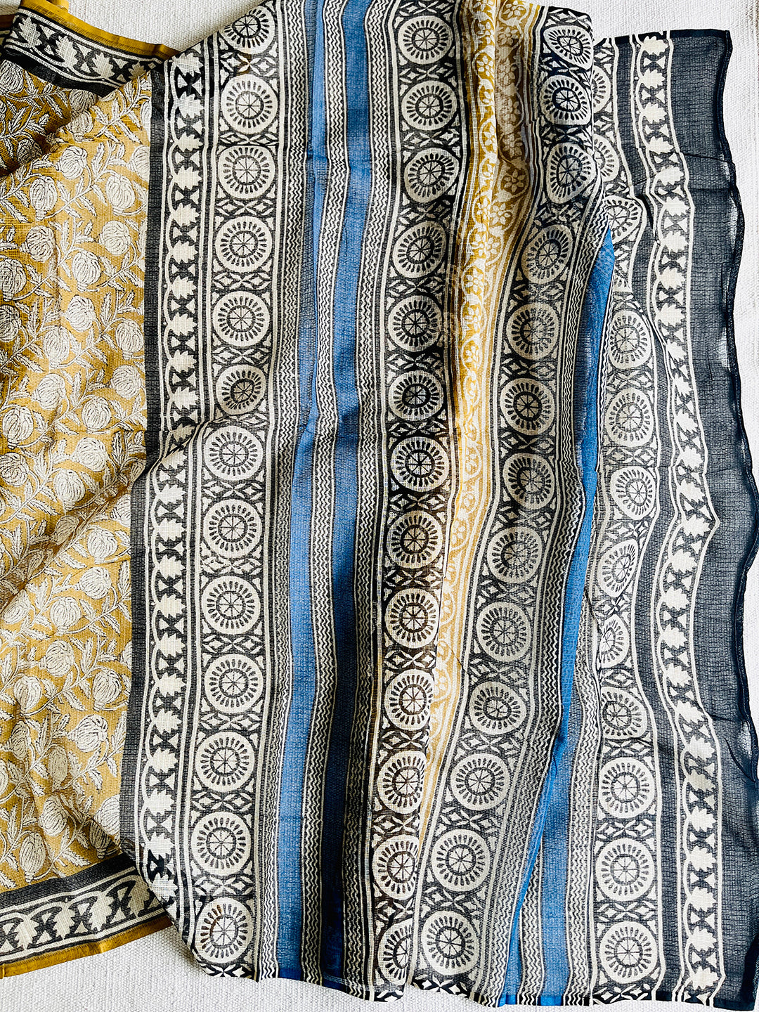 "SOOTHING YELLOW KALAMKARI" KOTA DORIA HAND-BLOCK PRINTED SAREE