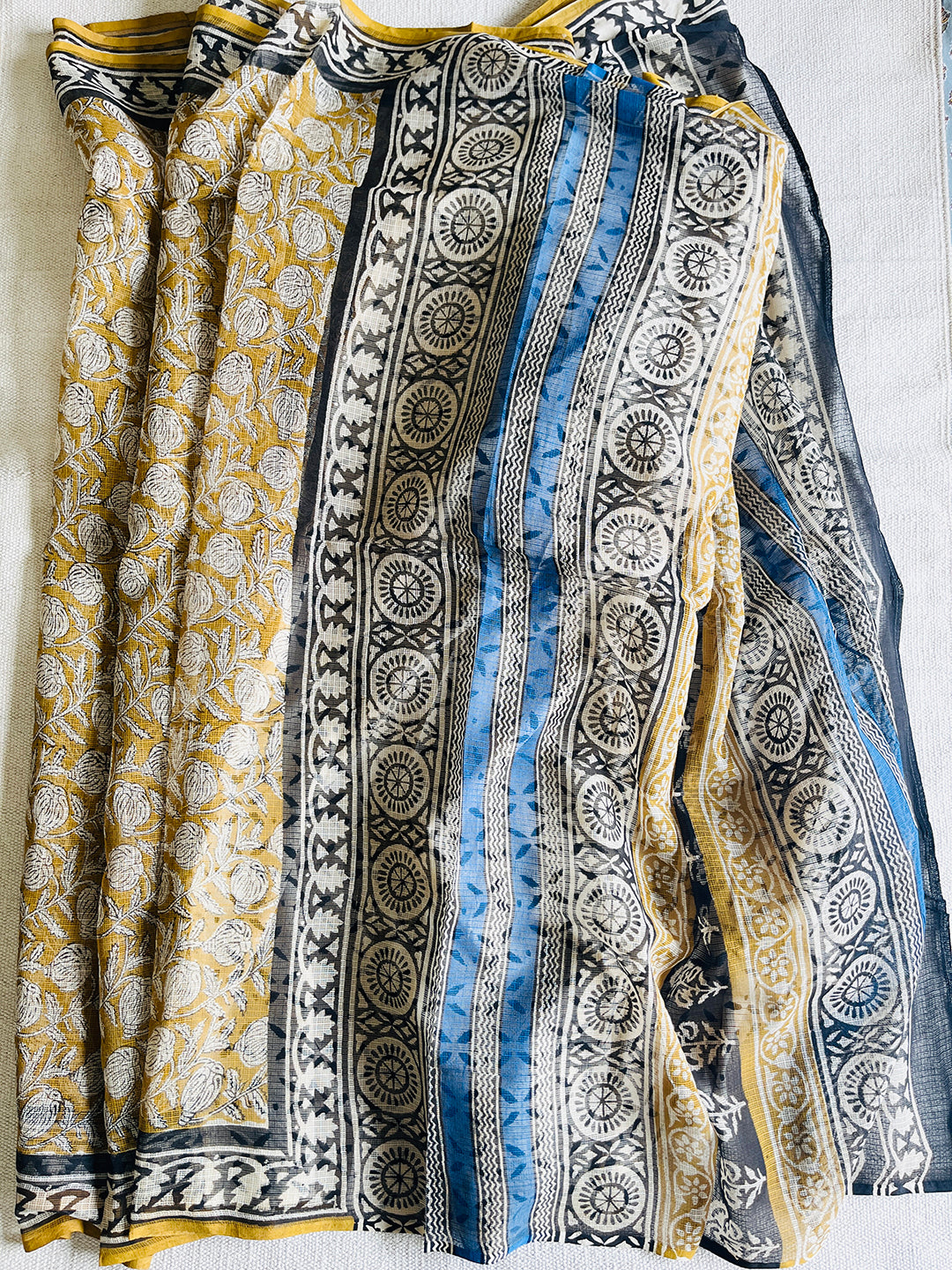 "SOOTHING YELLOW KALAMKARI" KOTA DORIA HAND-BLOCK PRINTED SAREE