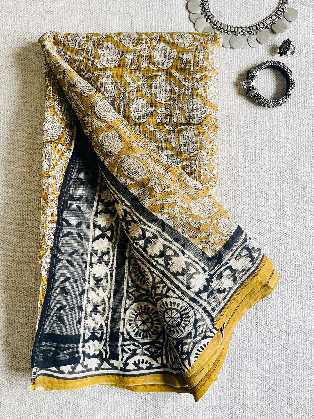 "SOOTHING YELLOW KALAMKARI" KOTA DORIA HAND-BLOCK PRINTED SAREE