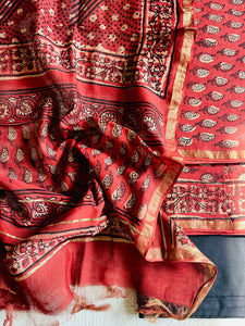 AJRAKH ALLOVER AMBI CHANDERI UNSTITCHED SUIT SET- BRICK RED