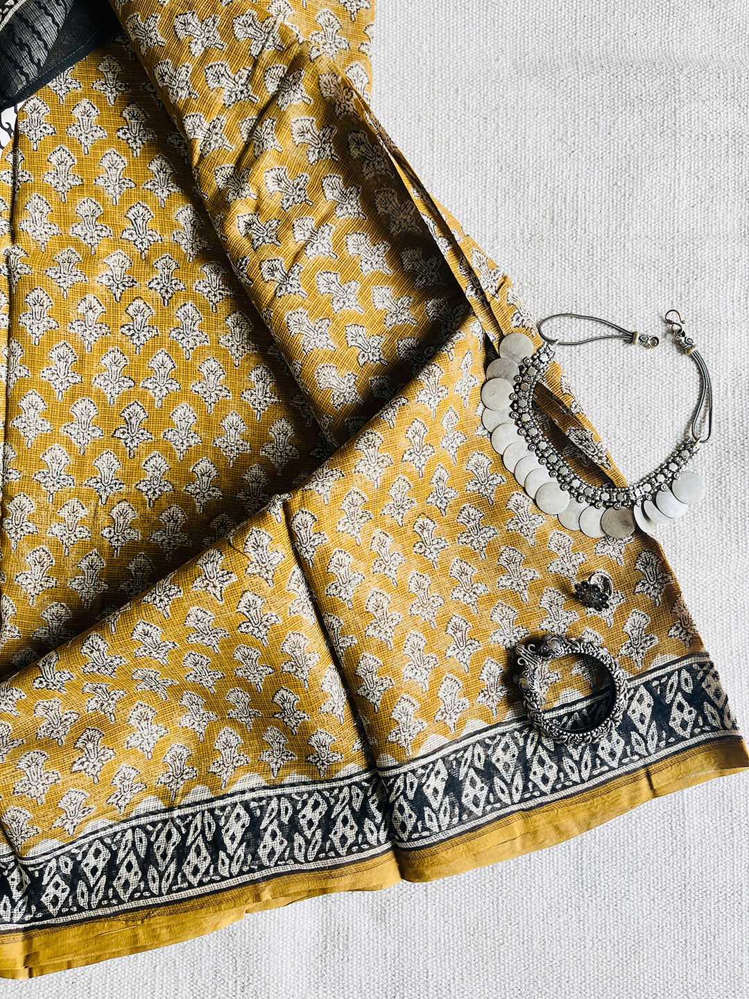 MUSTARD YELLOW ALLOVER BOOTI-PRINT KOTA DORIA SAREE