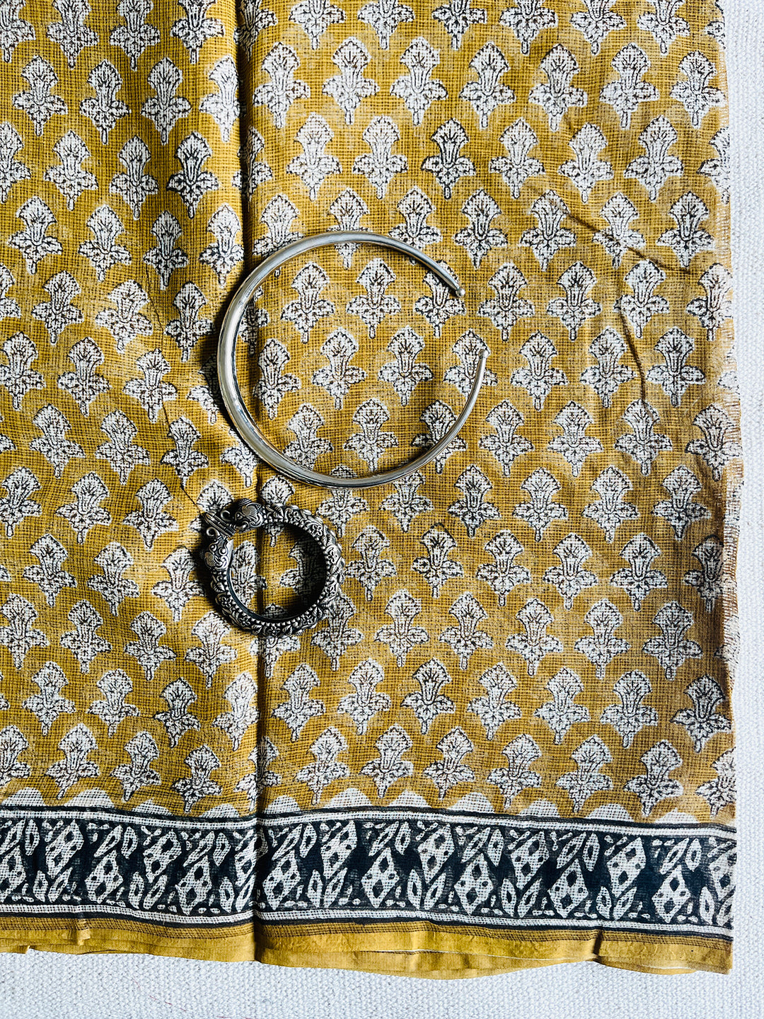 MUSTARD YELLOW ALLOVER BOOTI-PRINT KOTA DORIA SAREE