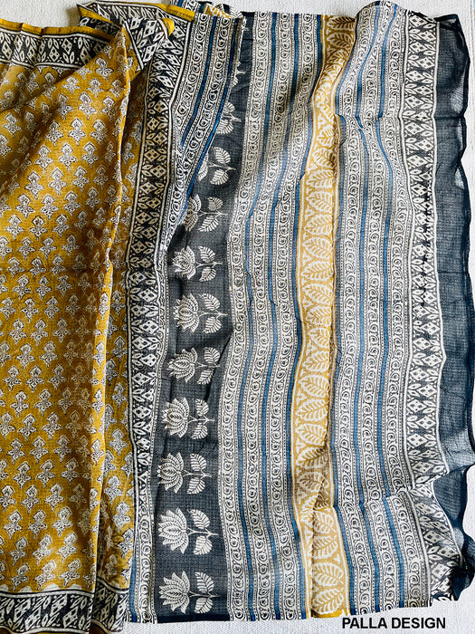 MUSTARD YELLOW ALLOVER BOOTI-PRINT KOTA DORIA SAREE