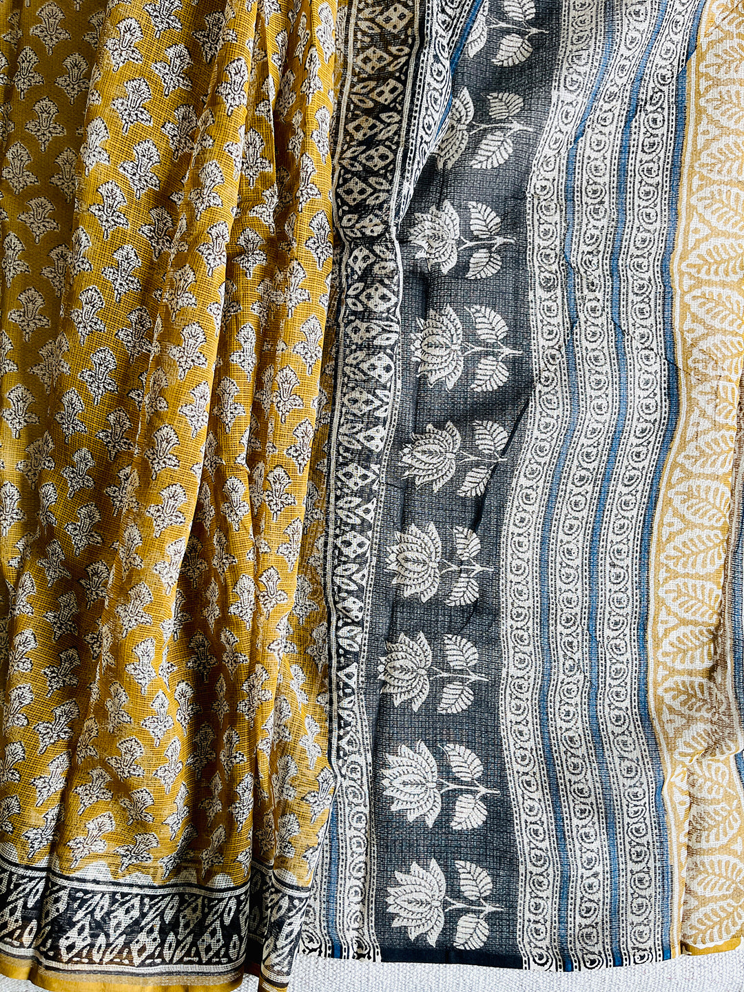 MUSTARD YELLOW ALLOVER BOOTI-PRINT KOTA DORIA SAREE