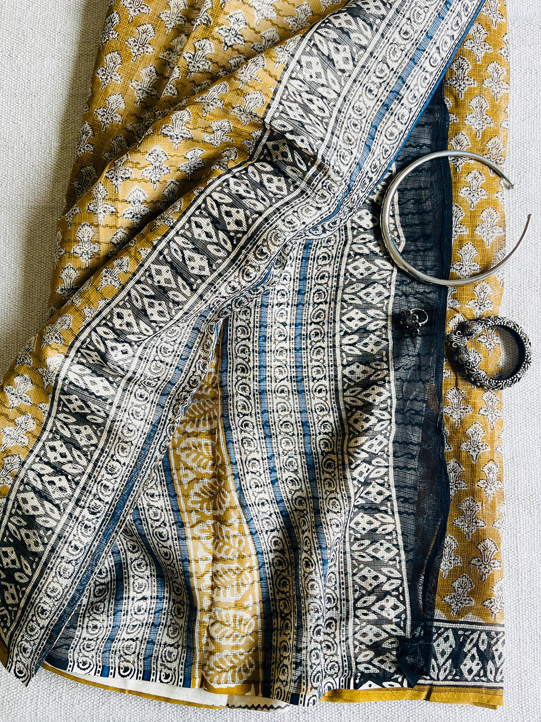 MUSTARD YELLOW ALLOVER BOOTI-PRINT KOTA DORIA SAREE