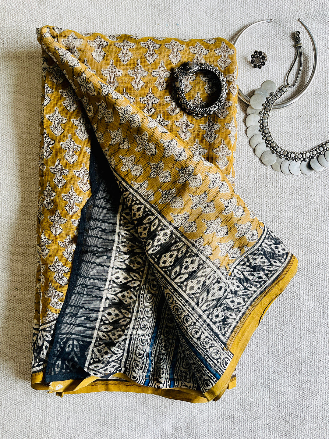 MUSTARD YELLOW ALLOVER BOOTI-PRINT KOTA DORIA SAREE