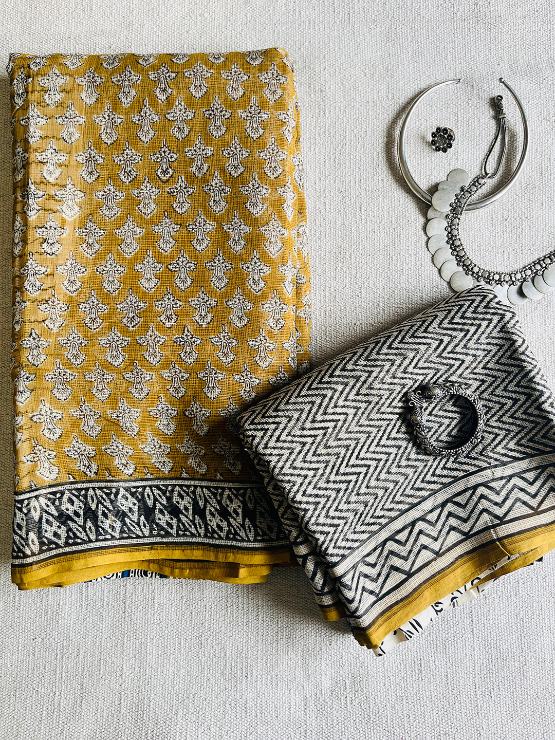 MUSTARD YELLOW ALLOVER BOOTI-PRINT KOTA DORIA SAREE