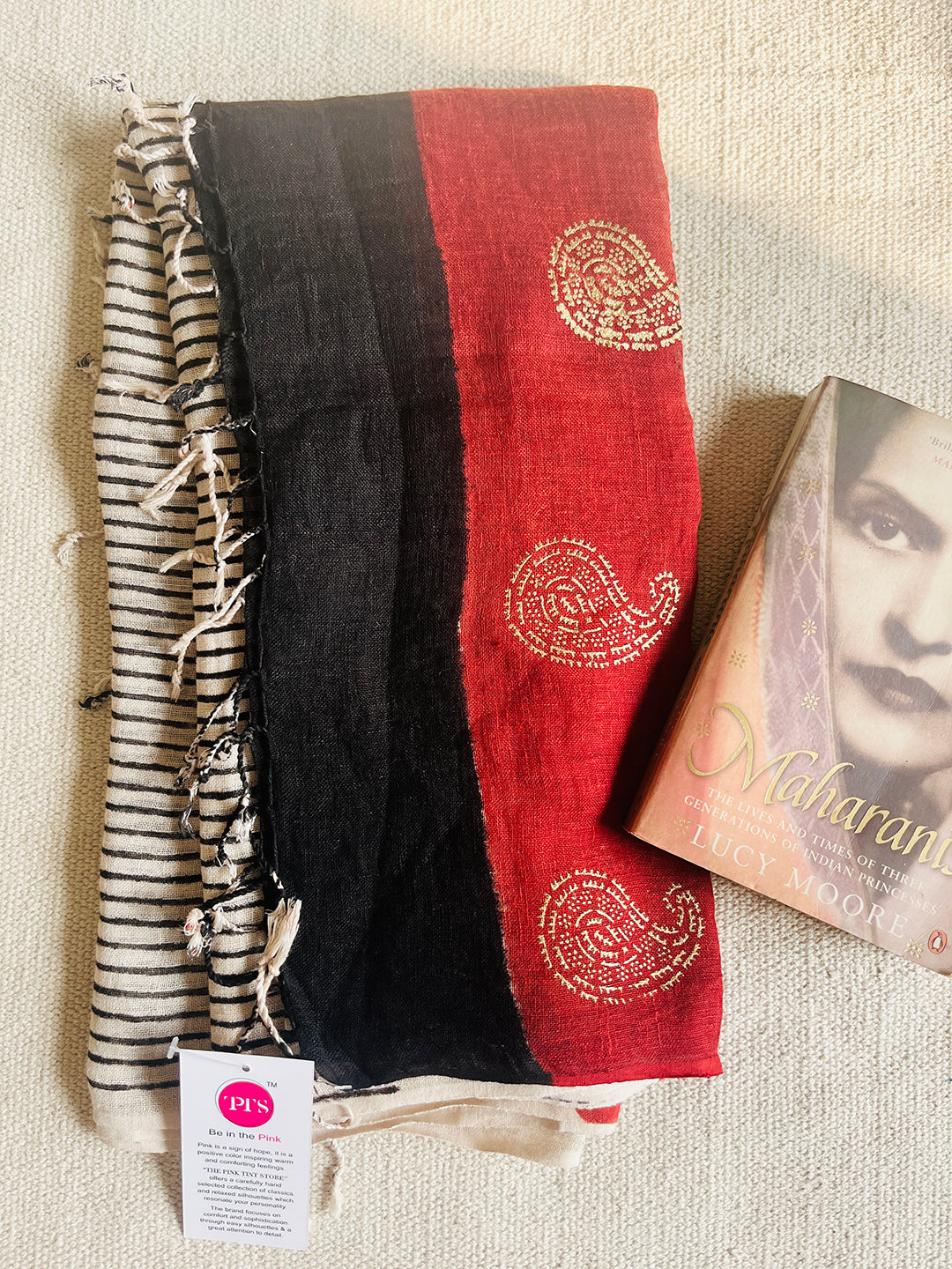 "CONTEMPORARY STRIPES WITH GOLD PAISLEY" LINEN DUPATTA
