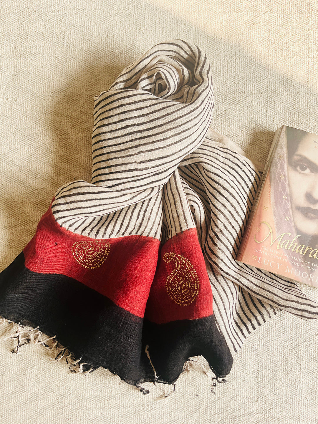 "CONTEMPORARY STRIPES WITH GOLD PAISLEY" LINEN DUPATTA