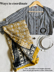 B&W TRIBAL GEOMETRIC PRINT COTTON BLOUSE
