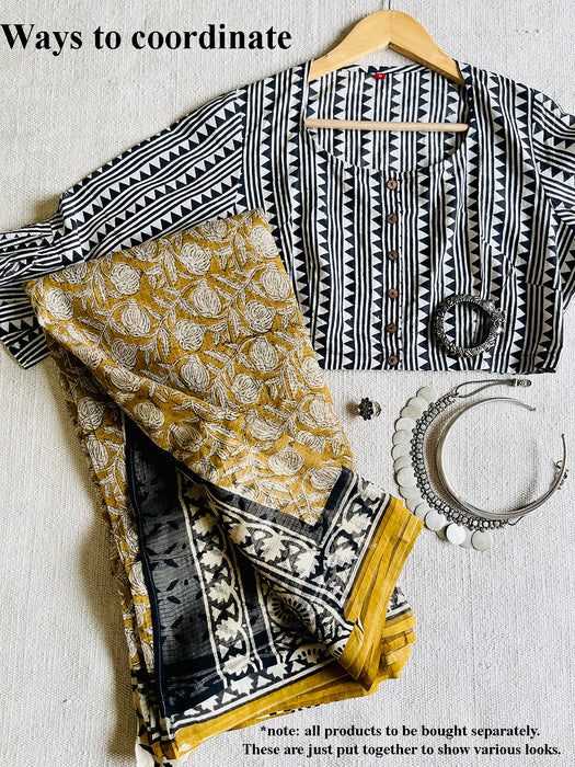 B&W TRIBAL GEOMETRIC PRINT COTTON BLOUSE