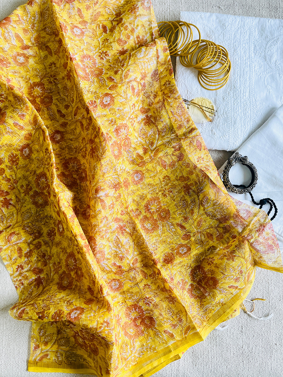 KOTA MANGO-YELLOW ALLOVER FLORAL JAAL  DUPATTA