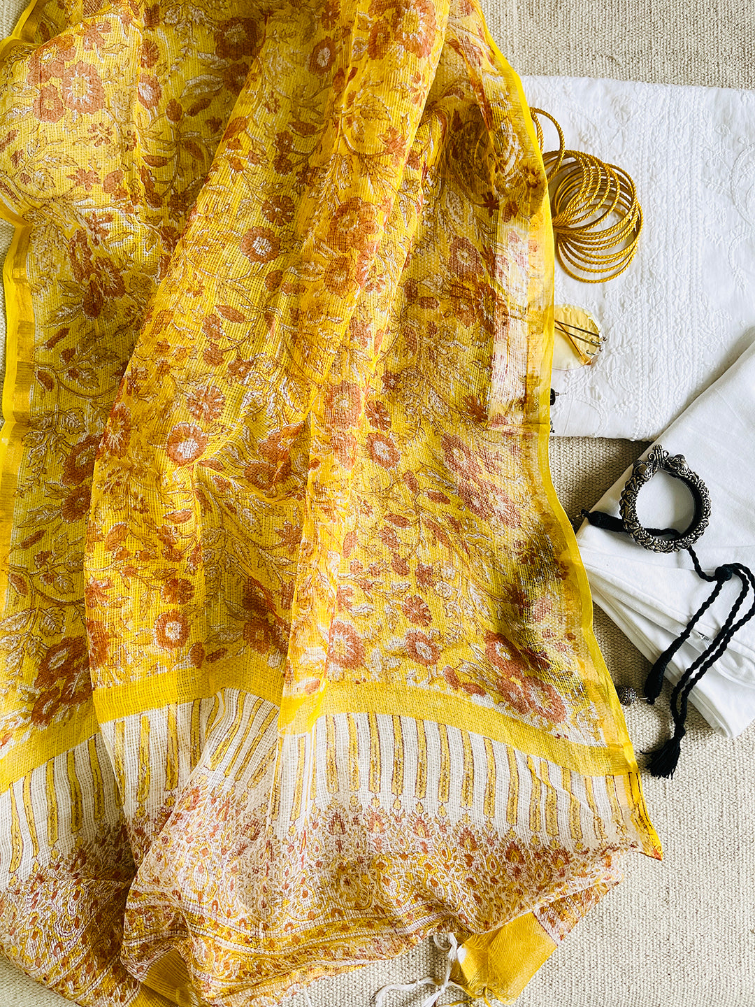 KOTA MANGO-YELLOW ALLOVER FLORAL JAAL  DUPATTA