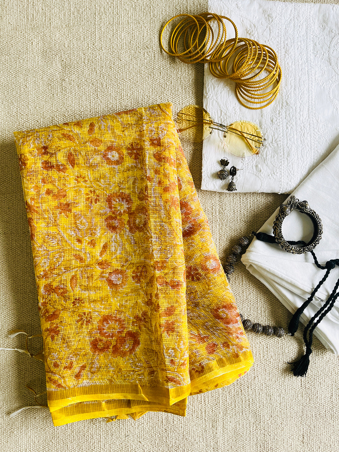 KOTA MANGO-YELLOW ALLOVER FLORAL JAAL  DUPATTA