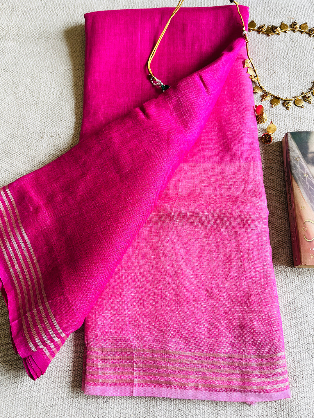 "YOU' ARE THE MUSE AND THE MASTERPIECE"  HANDWOVEN OMBRE PINK LINEN SAREE