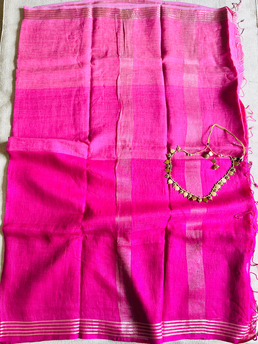 "YOU' ARE THE MUSE AND THE MASTERPIECE"  HANDWOVEN OMBRE PINK LINEN SAREE