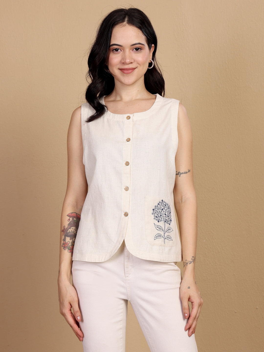 "MINIMAL CHIC" embroidered versatile waistcoat (Natural)