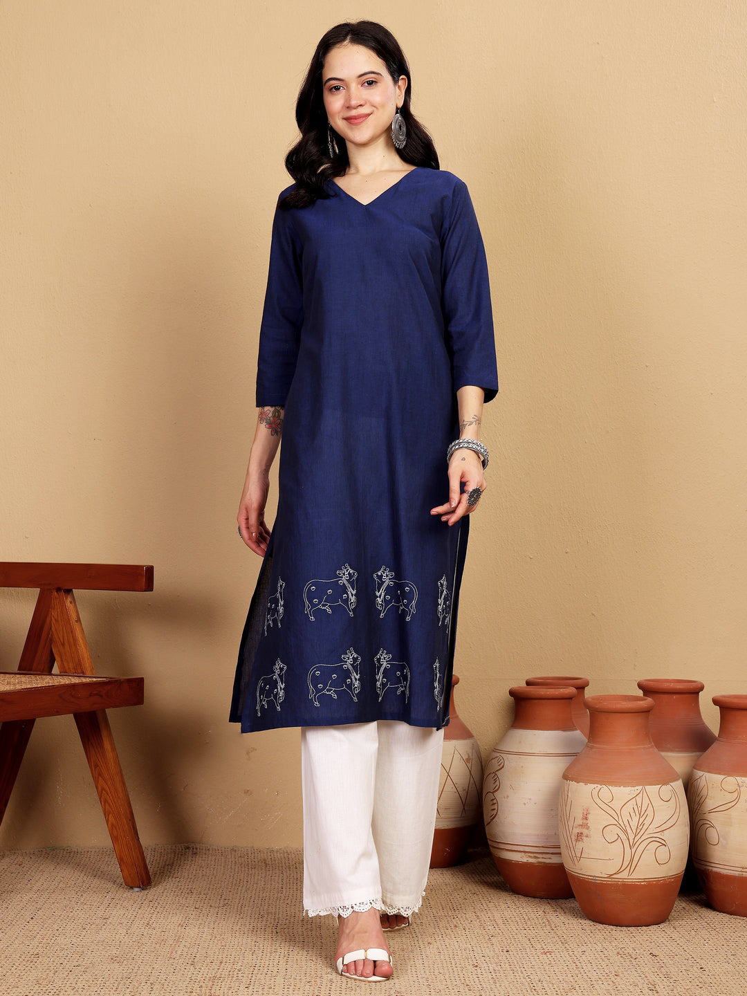 "ALL YEAR ESSENTIAL" Pichwai cows embroidered Kurta Indigo