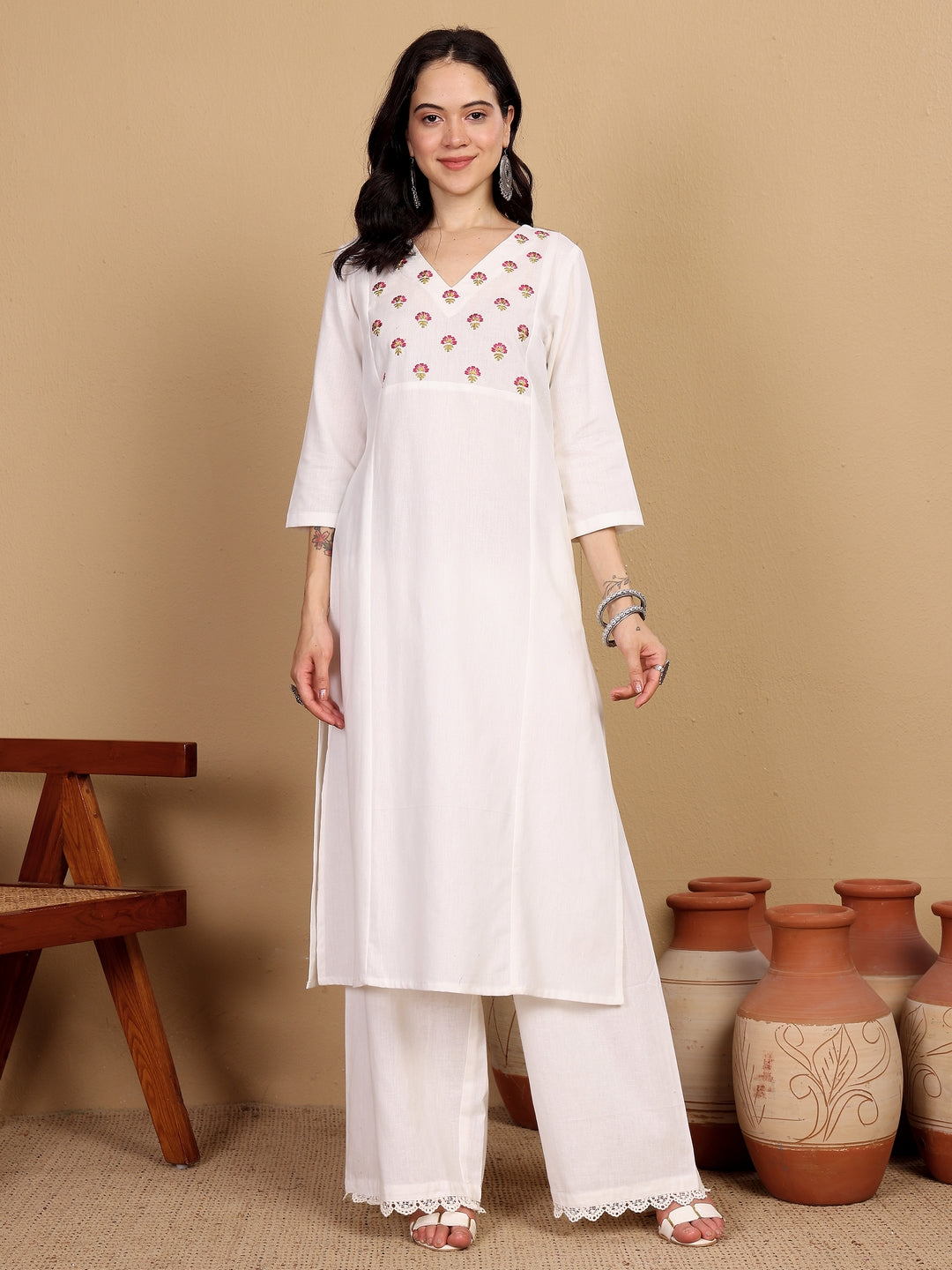 "SCENT OF SUMMER" floral embroidered yoke Kurta ((Off-white)