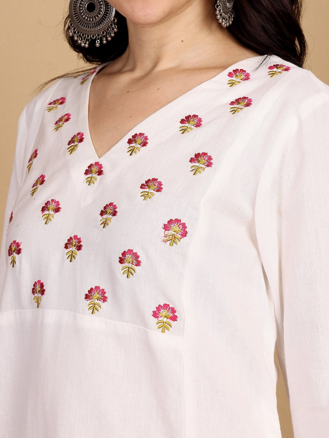 "SCENT OF SUMMER" floral embroidered yoke Kurta ((Off-white)