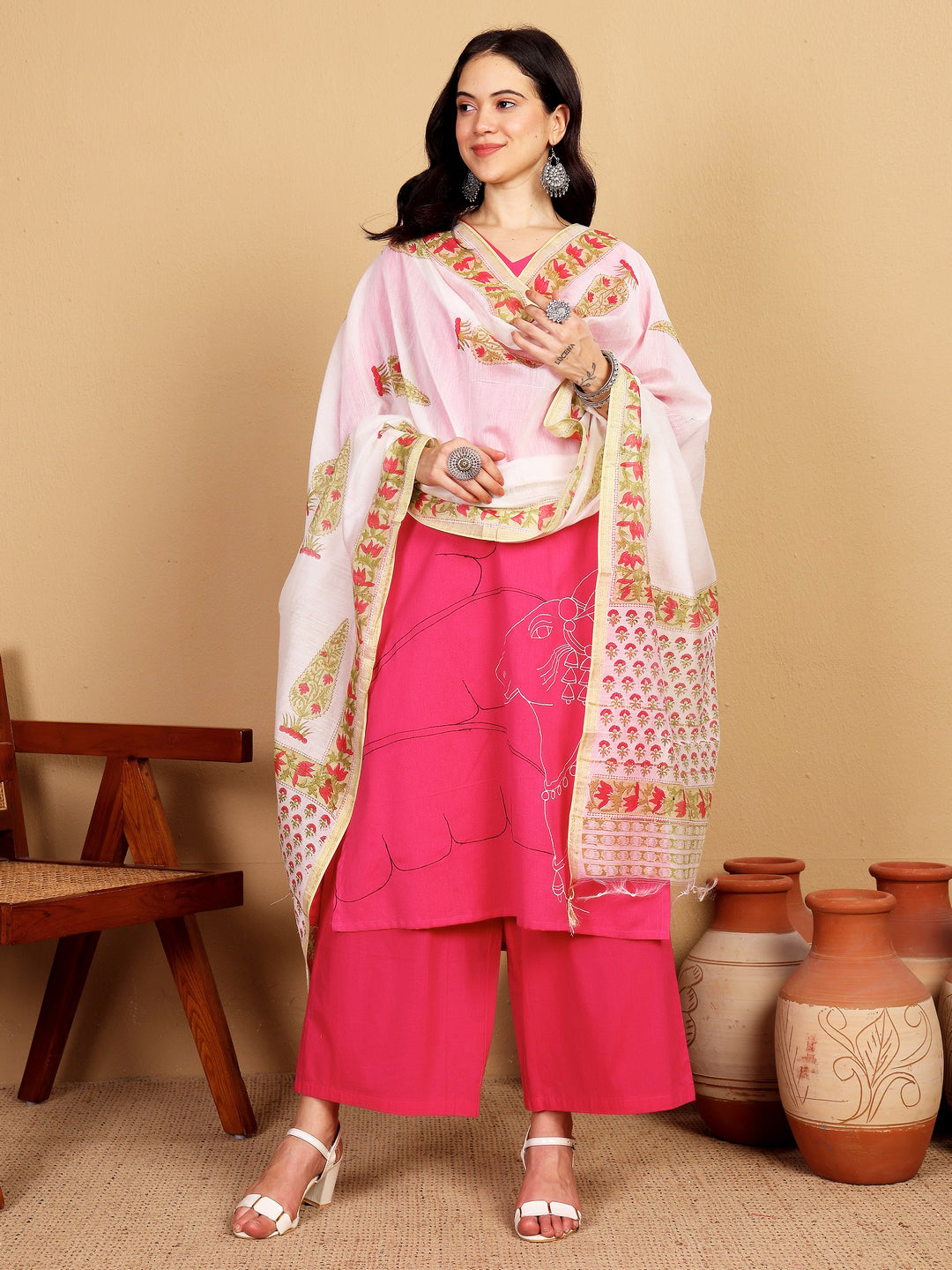 "SKIP THE ORDINARY" placement embroidery Kurta (Fuschia)