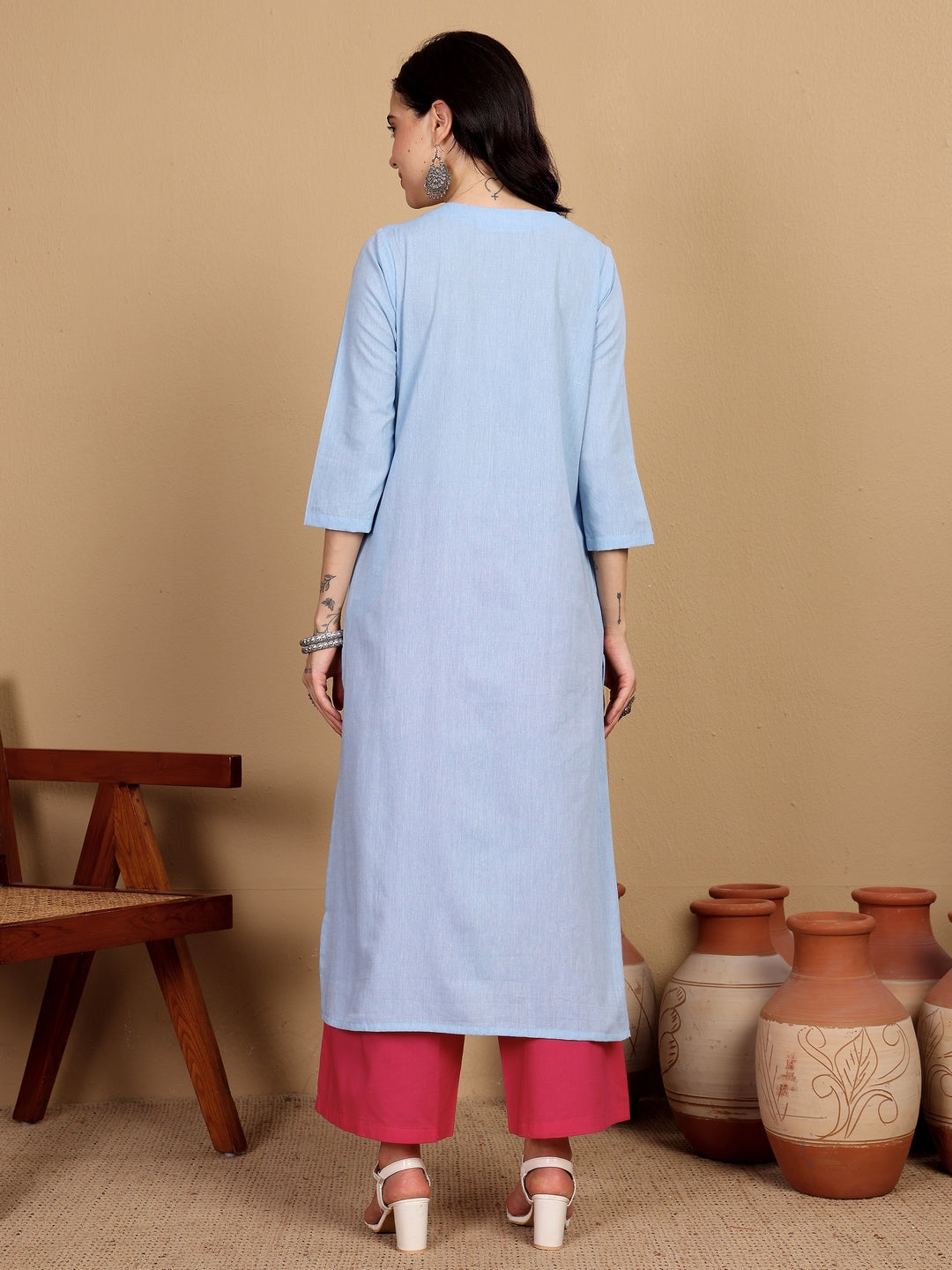 "SCENT OF SUMMER" floral embroidered yoke Kurta ((Ocean)