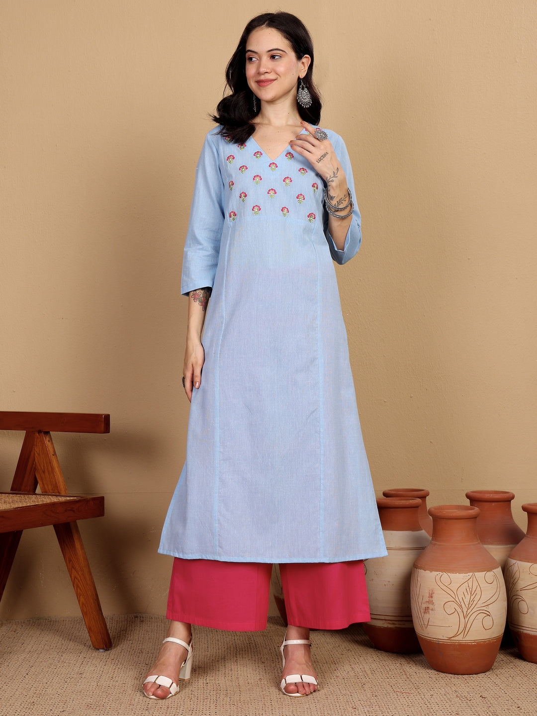 "SCENT OF SUMMER" floral embroidered yoke Kurta ((Ocean)