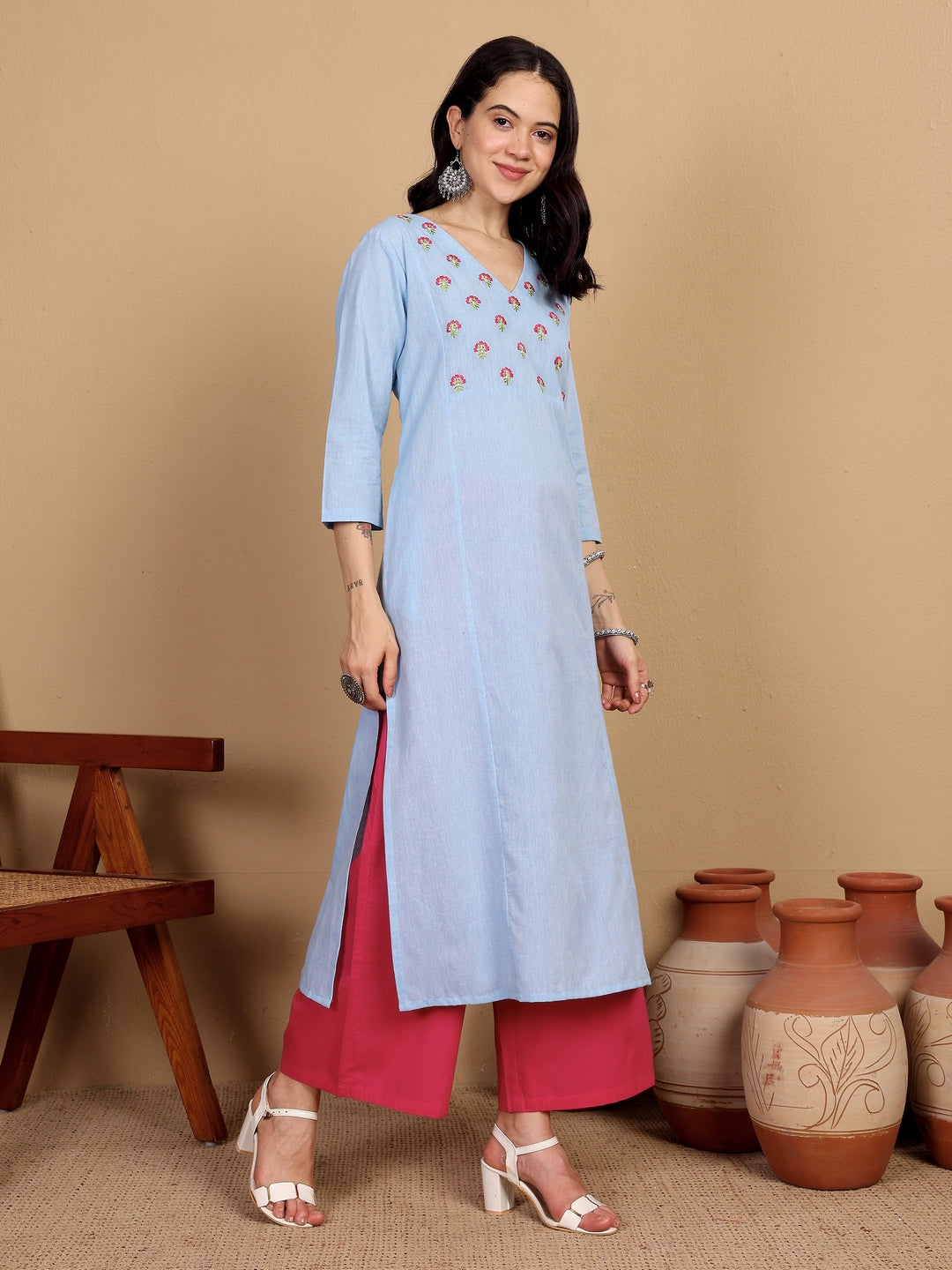 "SCENT OF SUMMER" floral embroidered yoke Kurta ((Ocean)